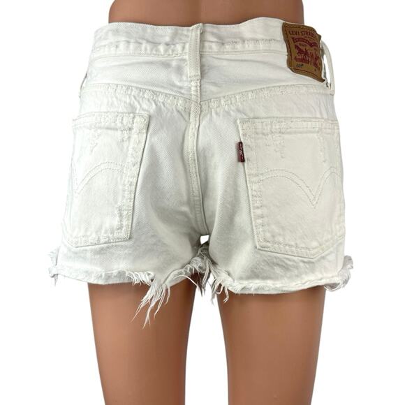 Levi's 501 Women's White Denim Distressed Frayed Raw Hem Mid Rise Jean Shorts 27 - Picture 3 of 5